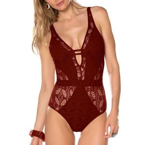 BECCA Burgundy Lace One Piece Swimsuit